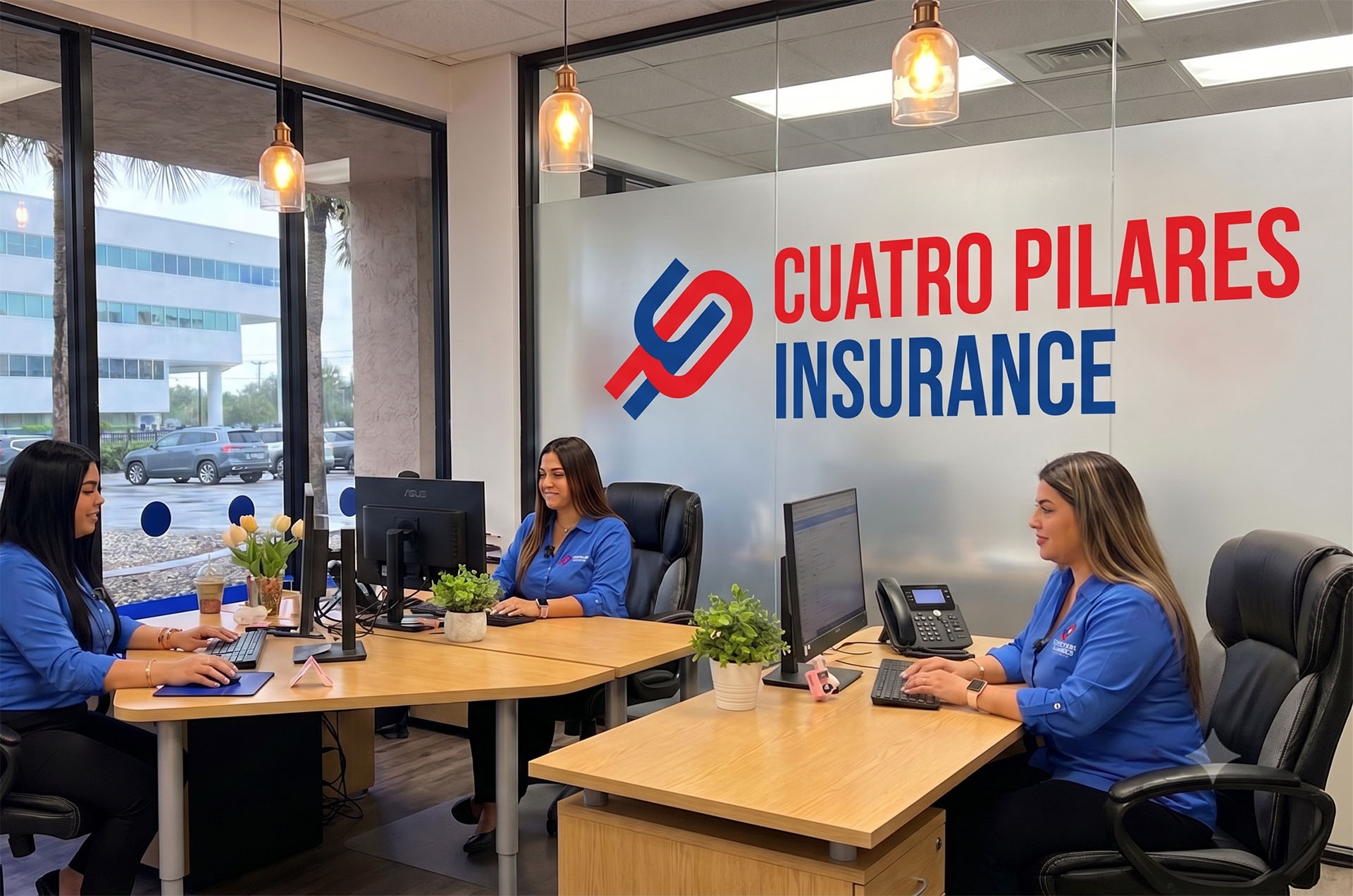 Reception area of an insurance office with four women in blue uniforms working at desks by a glass wall that reads 'CUATRO PILARES INSURANCE'