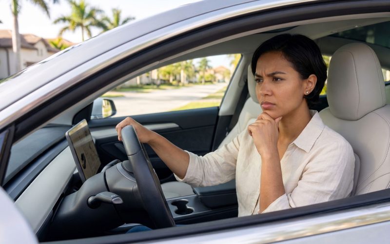 Woman driving a modern car, resting her chin on her hand and looking thoughtful at a suburban street.