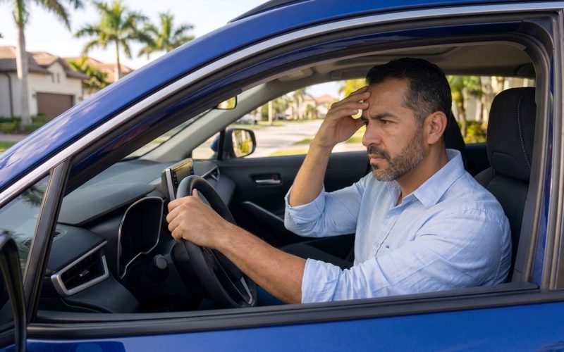 Man behind the wheel of a blue car, resting his forehead in his hand with a worried expression on a sunny residential street.